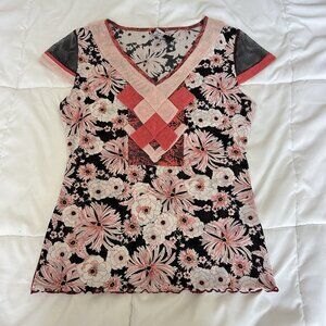 ANAC by Kimi Womens Small Red White Floral Top Short Sleeve Y2K Vintage Grunge